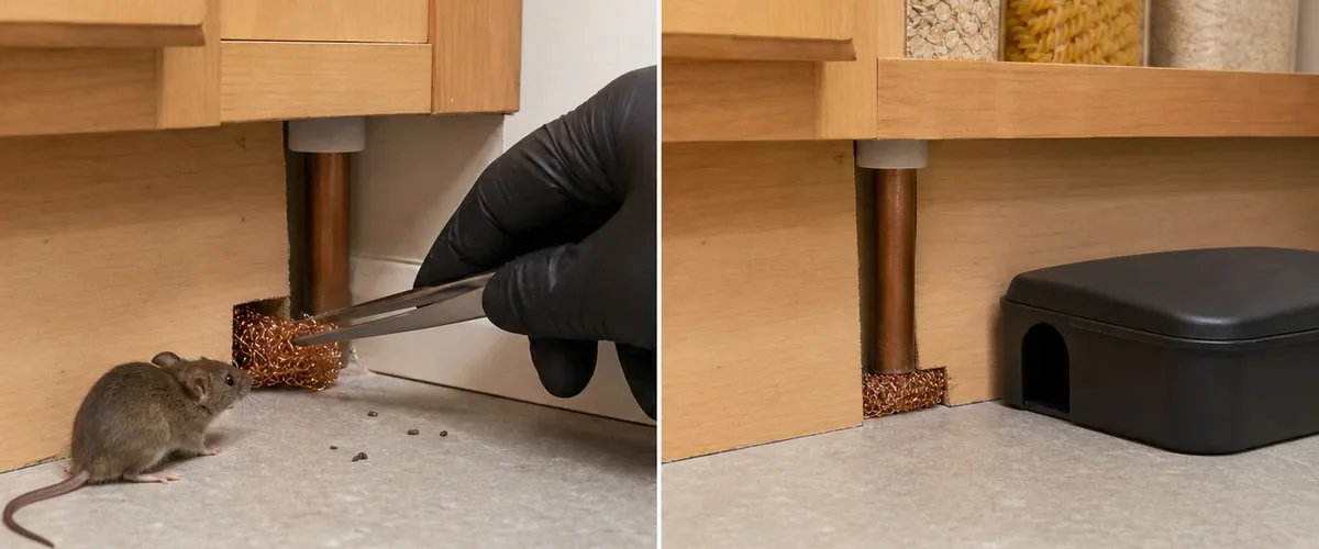 Photorealistic before-and-after kitchen cabinet scene with a gloved hand sealing a small pipe gap while a realistic house mouse and a few droppings remain clearly visible at a safe distance before the pantry is clean and a closed tamper-resistant trap station sits along the wall