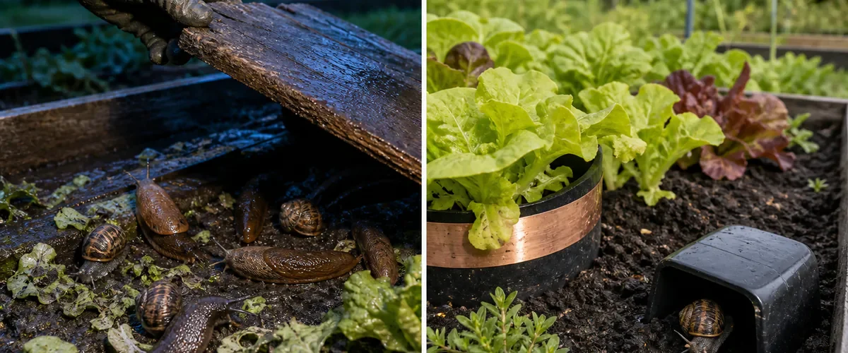 Photorealistic night-to-morning garden with a gloved hand lifting a damp board above real snails and slugs before dry soil wide copper protection and a shelter trap guard healthy lettuce