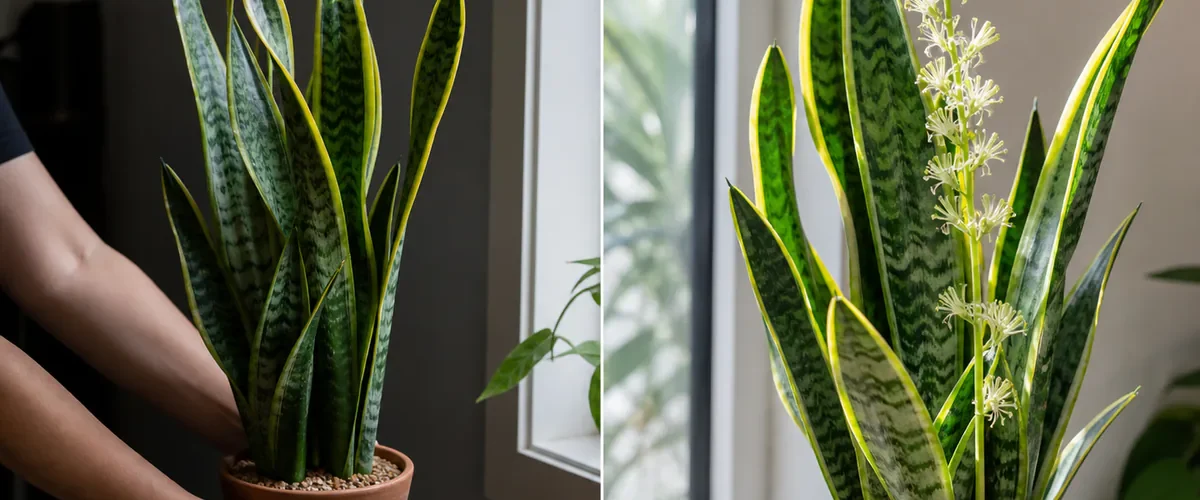 Photorealistic before-and-after mature snake plant with hands moving its pot from a dim corner toward a bright window before one realistic stalk of delicate greenish-white flowers rises among healthy leaves
