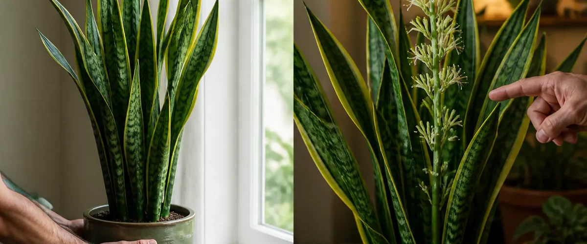 Photorealistic before-and-after mature snake plant care with a hand moving the pot into bright filtered light before pointing to a slender central flower stalk covered in realistic pale fragrant buds
