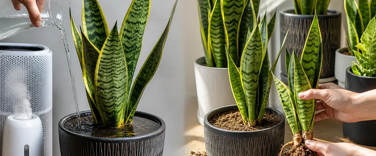 Photorealistic before-and-after snake plant care with a hand overwatering a dark non-draining pot before several healthy upright plants grow in bright indirect light while dry soil is checked and a rooted rhizome is divided