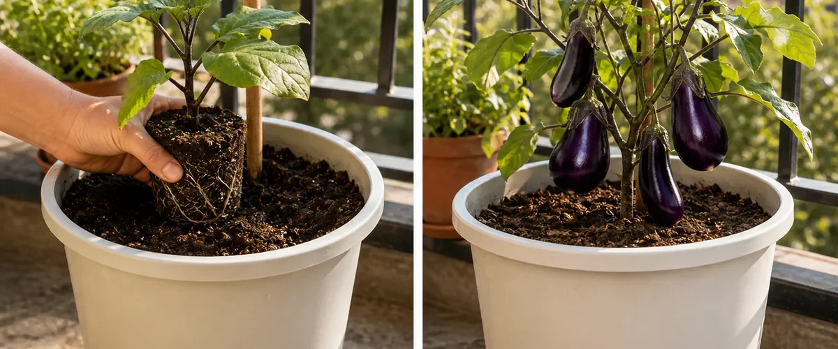 Photorealistic before-and-after balcony with a hand transplanting one compact eggplant seedling into a large draining light-colored pot before the same staked plant carries a believable harvest of several glossy purple eggplants