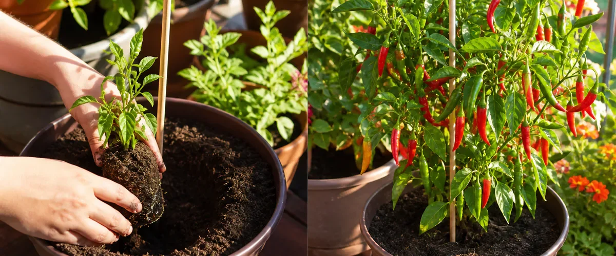 Photorealistic before-and-after balcony with a hand transplanting one small chili seedling into a large five-gallon draining pot before the same supported plant carries a believable generous crop of red and green chilies