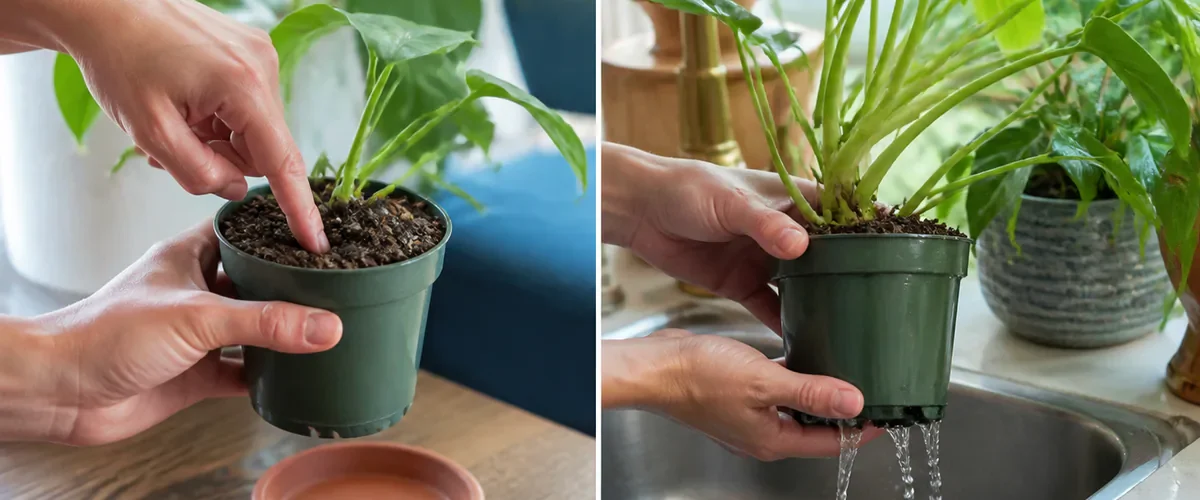 Photorealistic before-and-after indoor plant scene with one hand testing soil two inches deep and the other safely lifting a small pot before a thorough sink watering drains completely and the healthy plant returns to a dry saucer