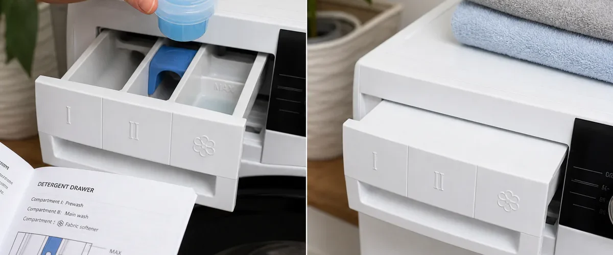 Photorealistic before-and-after laundry drawer with a hand comparing the washer manual to compartments marked I II and a flower before adding a measured amount below the MAX line as clean laundry finishes without residue