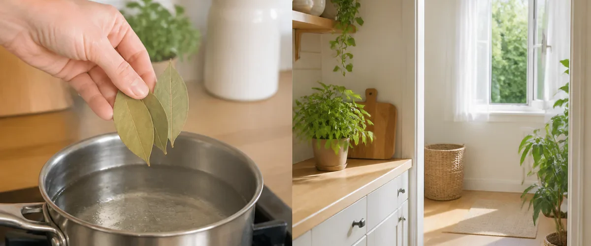 Photorealistic before-and-after bright kitchen with a hand placing three dried culinary bay leaves into a small saucepan of water on low heat before a clean ventilated home feels fresh with clear air and no flame or smoke