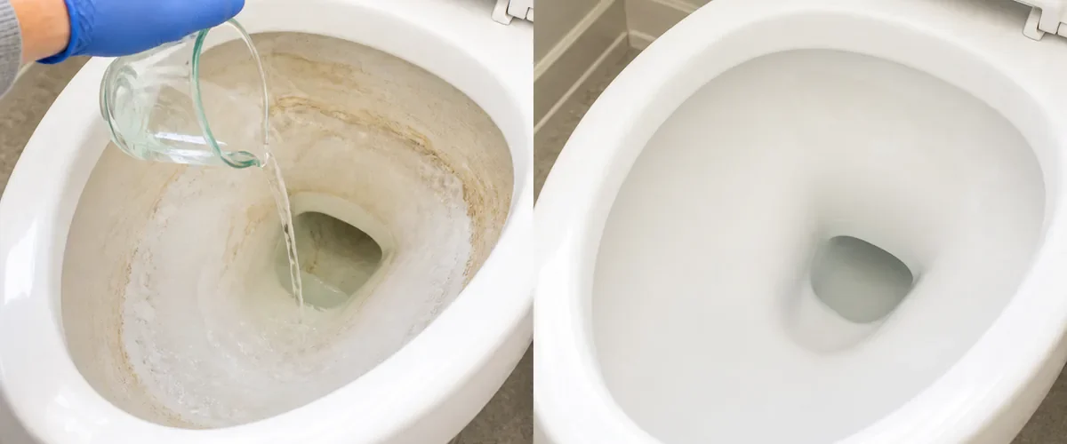 Photorealistic before-and-after toilet bowl with a gloved hand applying one clear descaling treatment to a hard-water ring before the same porcelain appears clean after gentle brushing