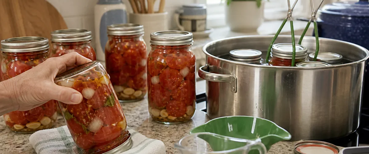 Photorealistic before-and-after home canning with a hand inverting improvised tomato onion herb and oil jars before a proper boiling-water canner jar lifter and measured standardized acid show the tested process