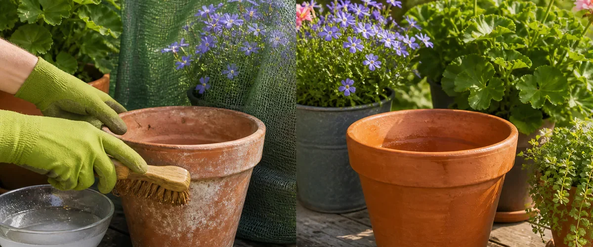 Photorealistic before-and-after garden bench with a gloved hand using diluted vinegar to scrub white mineral crust from an empty terracotta pot while shielding living plants before the clean rinsed pot and healthy untouched flowers