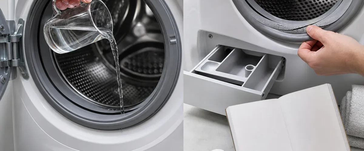 Photorealistic before-and-after laundry routine with a hand pouring clear vinegar into a front-load washer before close inspection of a weakened rubber gasket and a safer manual-approved washer-cleaner routine