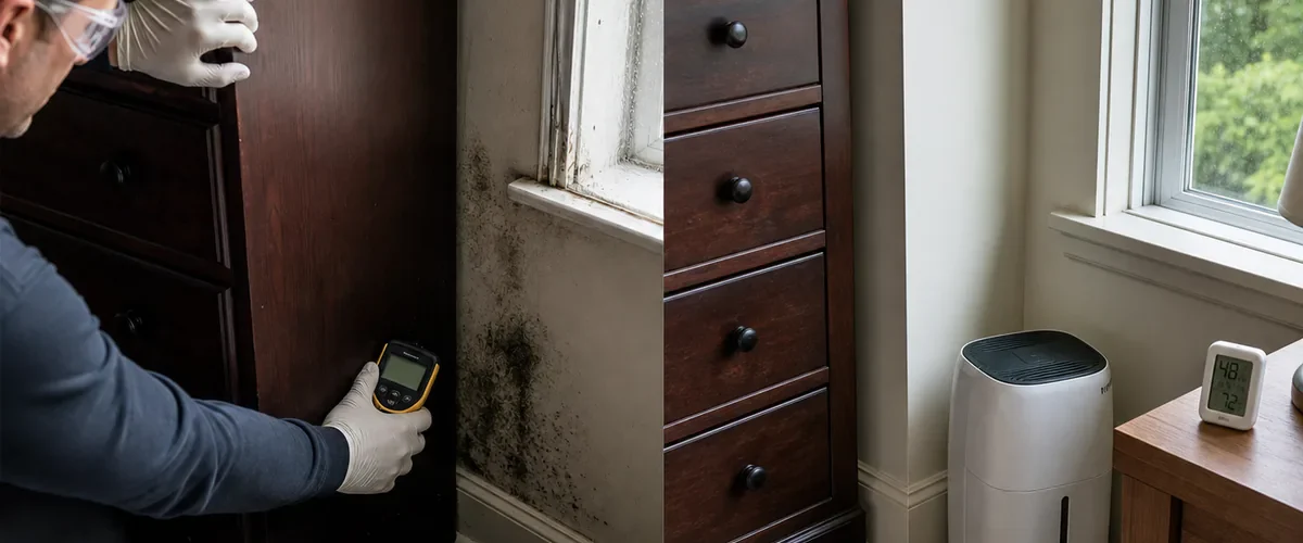 Photorealistic before-and-after room corner with a gloved hand moving furniture away and checking a damp moldy wall before the repaired leak dry clean wall improved airflow and humidity meter keep the same corner clear