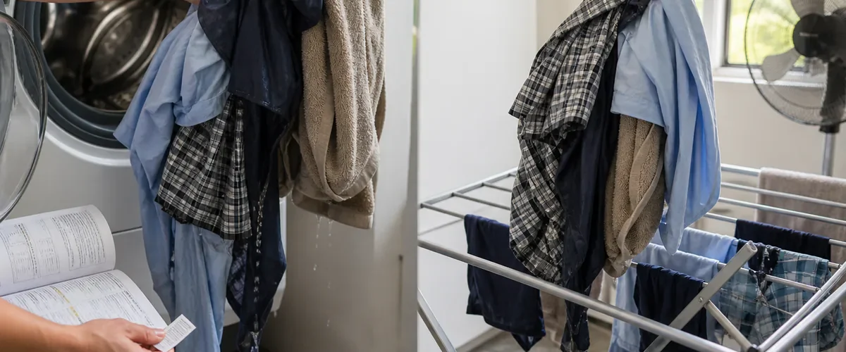 Photorealistic before-and-after laundry with a hand lifting heavy wet shirts and checking care labels beside an open washer before the safely extra-spun clothes are shaken onto a well-spaced drying rack near an open window