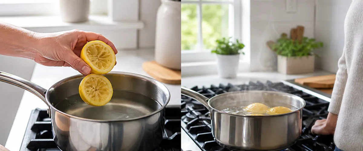 Photorealistic before-and-after kitchen with a hand placing clean freshly squeezed lemon halves into a saucepan filled with water before the peels simmer gently on a watched low burner while an open window ventilates the bright room