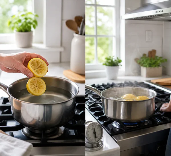 Photorealistic before-and-after kitchen with a hand placing clean freshly squeezed lemon halves into a saucepan filled with water before the peels simmer gently on a watched low burner while an open window ventilates the bright room