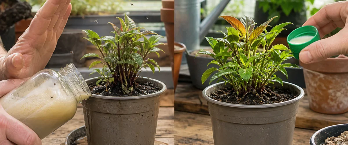 Photorealistic before-and-after gardening bench with a hand stopping before pouring a foamy yeast and sugar jar into a struggling pot while checking drainage light and moisture before measured labeled fertilizer and correct care produce modest healthy growth