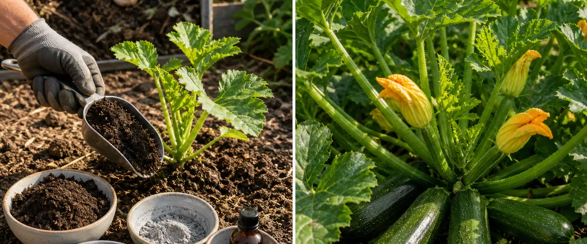Photorealistic before-and-after zucchini with a gloved hand measuring finished compost beside four viral-feed ingredients before the same plant carries healthy leaves flowers and several normal fruit